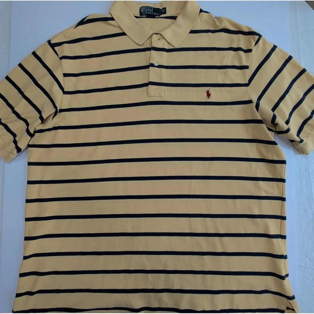 Vintage Ralph Lauren Polo Shirt Mens 2XLT Tall Yellow Navy Striped Preppy Campus